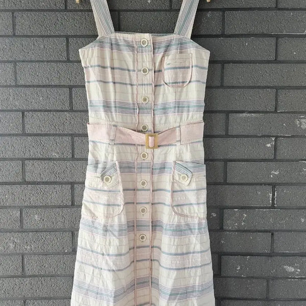 [BUNJANG] MICHAA Pastel Stripe Belted Sleeveless Dress / 미샤(MICHAA) 파스텔 스트라이프 나시 벨티드 원피스