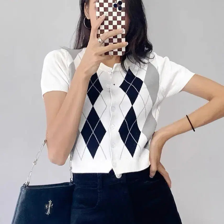 [BUNJANG] Argyle Check Short Sleeve Knit Cardigan / 아르가일 체크 반팔 니트 가디건