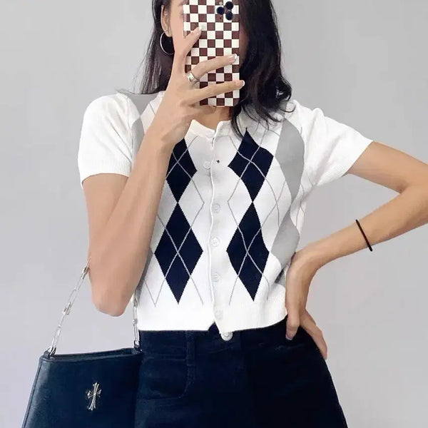 [BUNJANG] Argyle Check Short Sleeve Knit Cardigan / 아르가일 체크 반팔 니트 가디건