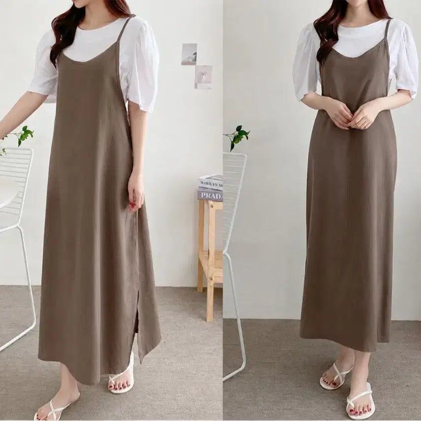 [BUNJANG] Sleeveless Long Dress Brown Bustier / 국산 슬리브리스 롱 원피스 브라운 뷔스티에