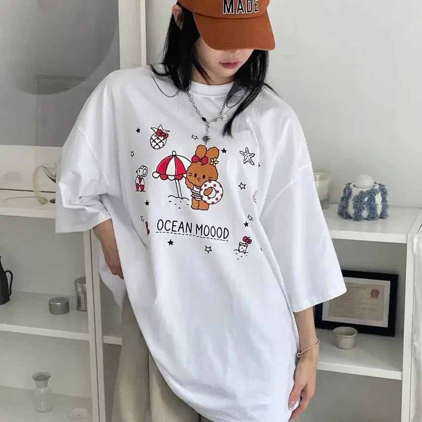 [BUNJANG] Rabbit Printing Short-Sleeve T-Shirt White / (새제품) 토끼 프린팅 반팔티 화이트