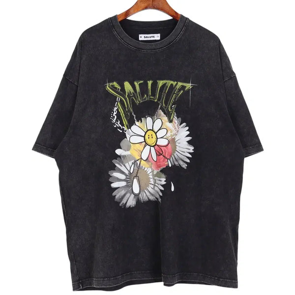 [BUNJANG] SALUTE Flower Anarchy Short Sleeve T-Shirt (Free Size) / 살루테 SALUTE 플라워 아나키 반팔 티셔츠 F / k4446