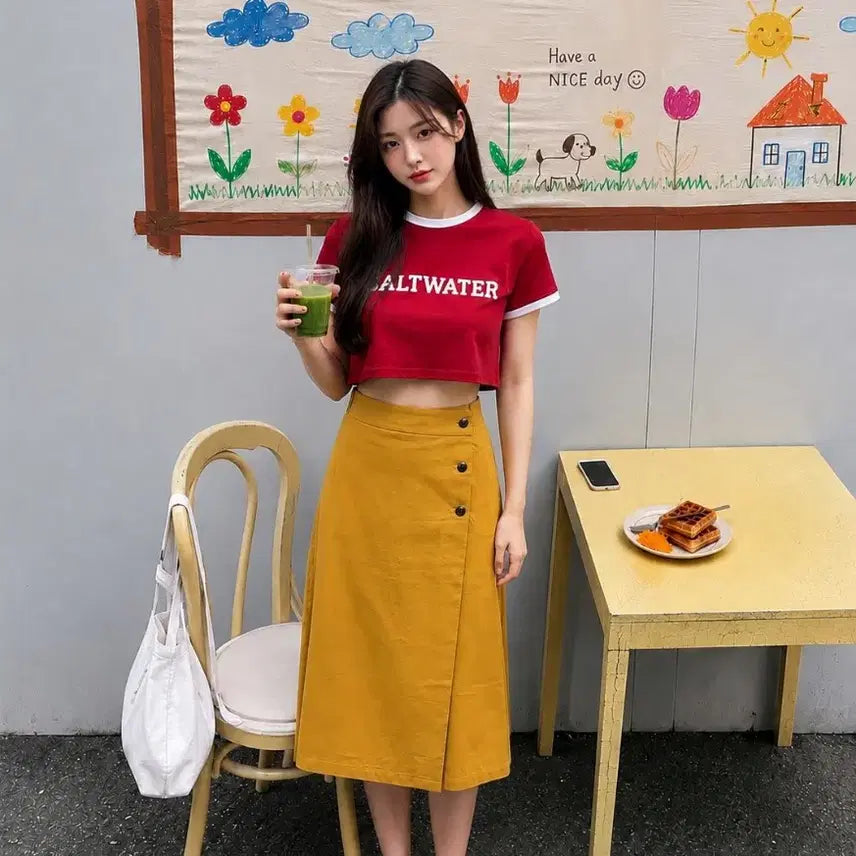 [BUNJANG] earth music&ecology Mustard Wrap Skirt / earth music&ecology 머스타드 랩 스커트 (일본 브랜드)