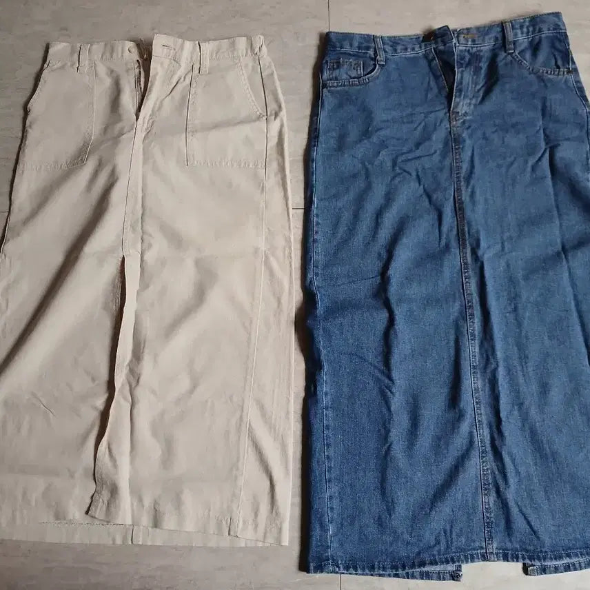 [BUNJANG] Cotton & Denim Long Skirt Set - Beige & Blue / 롱 스커트 베이지/청