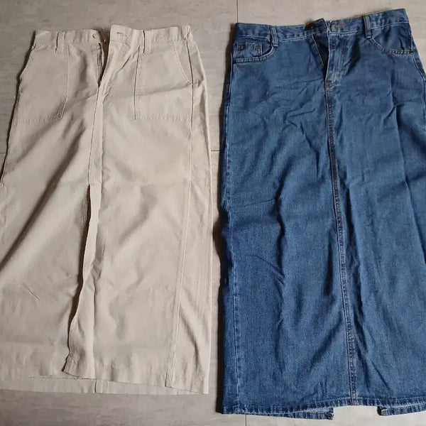 [BUNJANG] Cotton & Denim Long Skirt Set - Beige & Blue / 롱 스커트 베이지/청