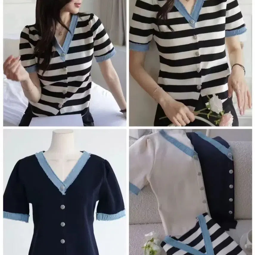 [BUNJANG] Stripe Blue Contrast V-Neck Knit Cardigan / (새상품) 스트라이프 청배색 V넥 니트 가디건