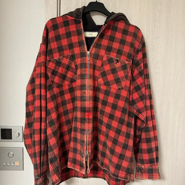 [BUNJANG] Blackout Pierce Hooded Zip-Up with Checkered Pattern / 블랙아웃 피어스 후드집업