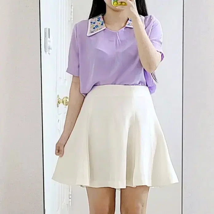 [BUNJANG] Purple Flower Collar Short Sleeve Blouse / 퍼플 플라워 카라넥 반팔 블라우스