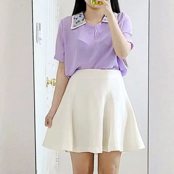 [BUNJANG] Purple Flower Collar Short Sleeve Blouse / 퍼플 플라워 카라넥 반팔 블라우스