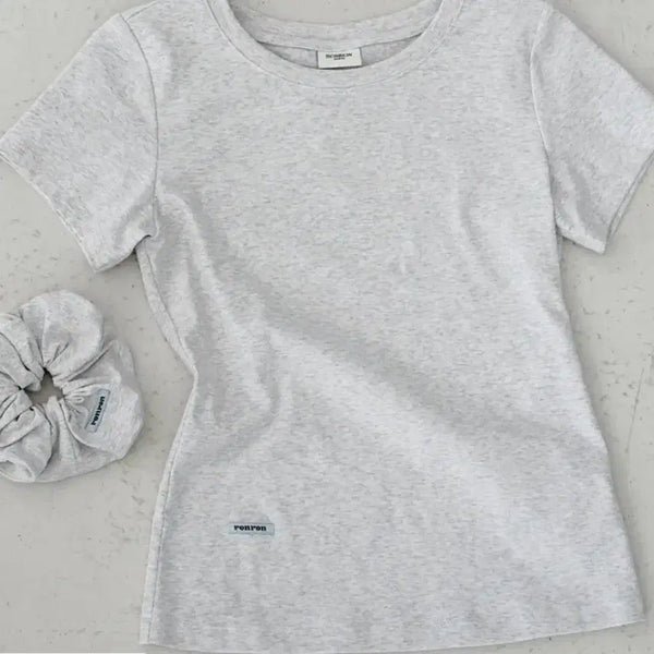 [BUNJANG] Ronron Slim Fit T-shirt Melange Grey with Scrunchie / 론론 슬림핏 티셔츠 멜란지그레이(곱창머리끈)
