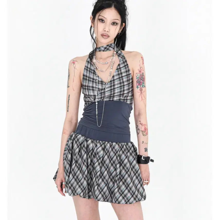 [BUNJANG] Darling Your Bad Mint Check Setup Halterneck & Balloon Skirt Set / 달링유어배드 민트 체크 셋업/홀터넥&벌룬스커트