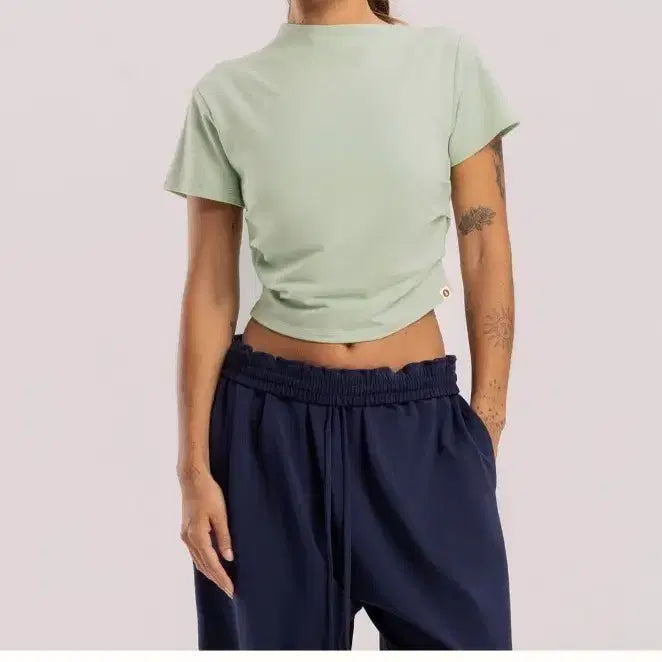 [BUNJANG] Budi Mudra High Neck Shirring Short Sleeve T-shirt (Sea Foam, M) / 부디무드라 하이넥 셔링 반팔 티셔츠 m사이즈