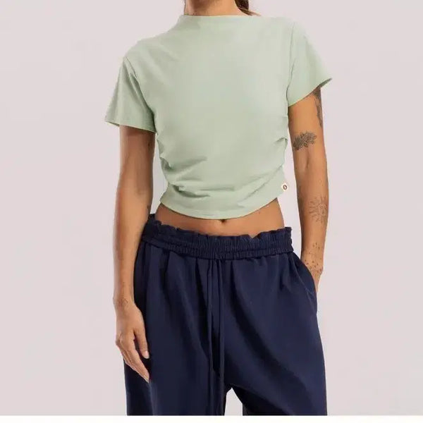 [BUNJANG] Budi Mudra High Neck Shirring Short Sleeve T-shirt (Sea Foam, M) / 부디무드라 하이넥 셔링 반팔 티셔츠 m사이즈