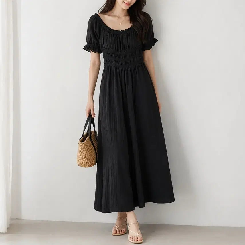 [BUNJANG] H&M Smocked Shirring Puff Sleeve Long Dress / [55-66]H&M 스모크 셔링 퍼프소매 롱 원피스