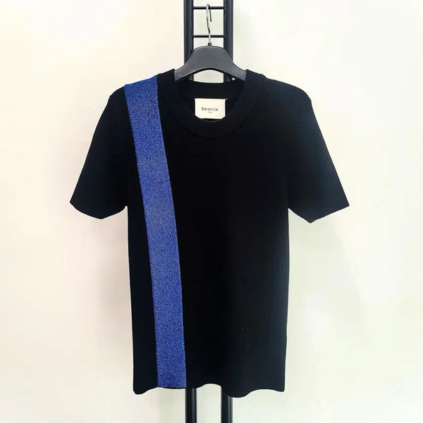[BUNJANG] BERENICE Color Block Short Sleeve Knit Black Blue / 정품 베르니스  BERENICE 반팔 니트 블랙 블루 배색