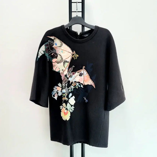 [BUNJANG] TIME Black Butterfly Embroidery Short Sleeve T-Shirt / 정품 타임 TIME 블랙 나비 자수 반팔 티셔츠