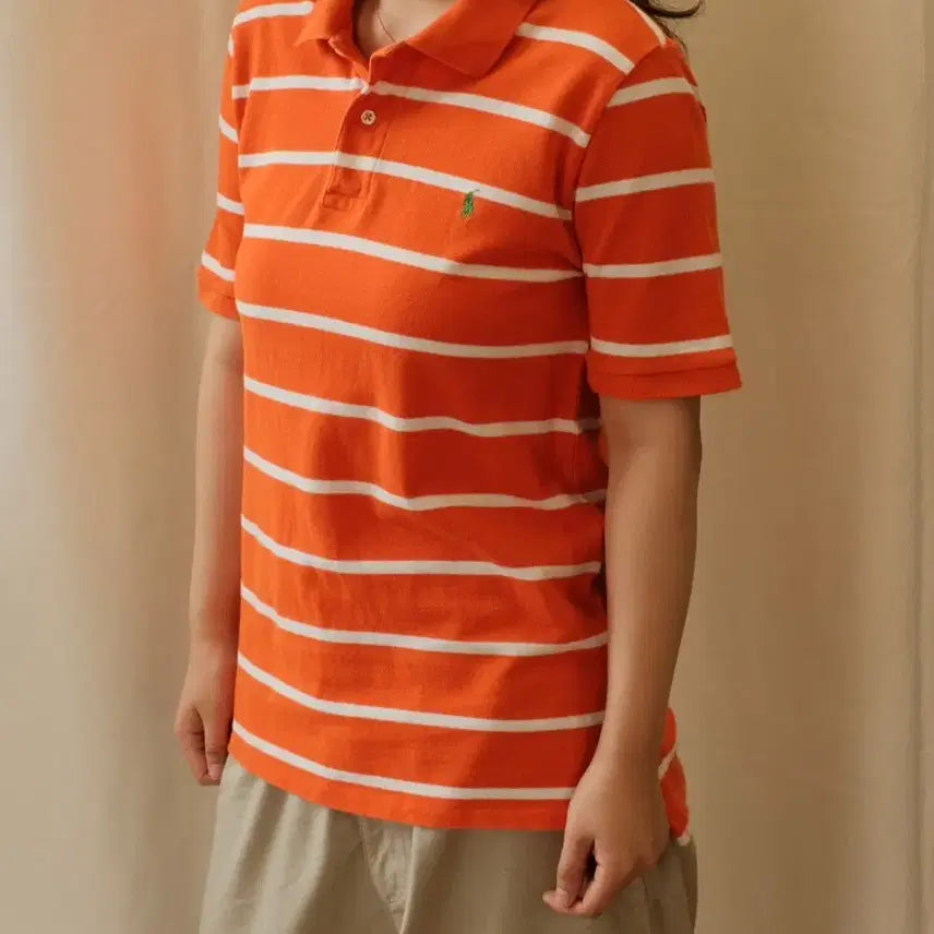 [BUNJANG] Polo Ralph Lauren Striped Pony Collar T-Shirt Salmon / 폴로 연어맛 스트라이프 포니 카라 티셔츠