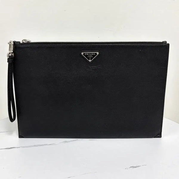 [BUNJANG] Prada Saffiano Triangle Logo Clutch Bag Black (2NH001) / 프라다 사피아노 삼각로고 클러치백 블랙 (2NH001)