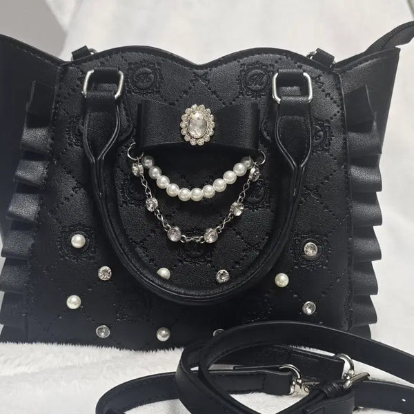 [BUNJANG] Yhli-rae Lolita Black Quilted Ribbon Jewel Decor Tote Bag / 양지뢰 로리타 블랙 퀼팅 리본 비쥬 장식 토트백