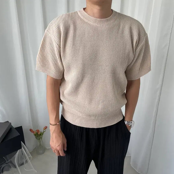 [BUNJANG] Men's Beige Knit Short Sleeve Shirt / 남자 베이지 짜임 반팔 니트 새상품