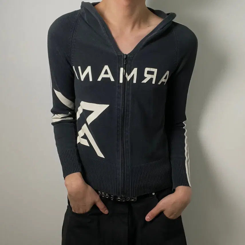 [BUNJANG] Armani Exchange Logo Knit Hood Zip-Up M / Armani 아르마니 익스체인지 로고 니트 후드 집업 M