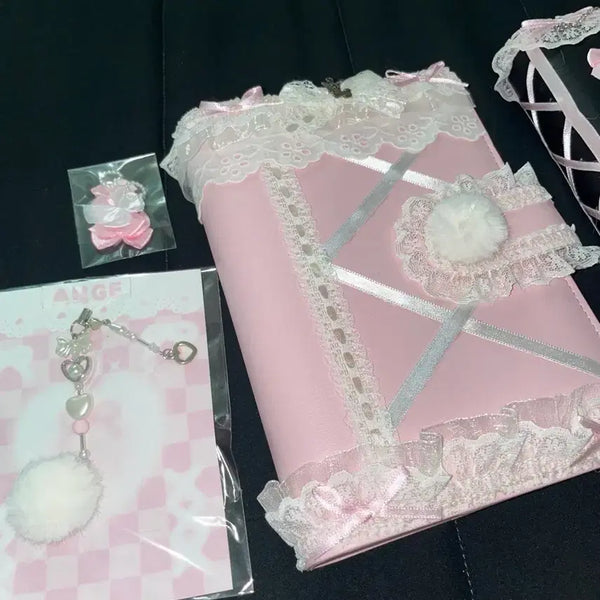[BUNJANG] A6 Pink Frill Lace Diary Cover with Keyring / A6 핑크 프릴 레이스 다이어리 양산형 지뢰계 양지뢰