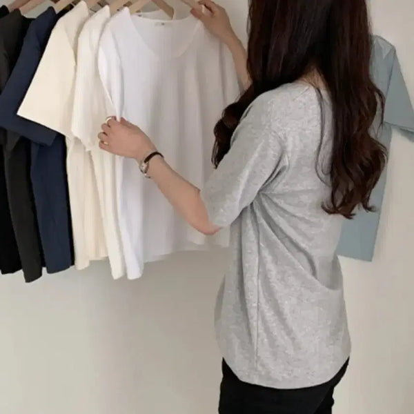[BUNJANG] U-Neck Modal Short Sleeve T-Shirt (Black, White) - 2-Piece Bundle Set / (2장일괄)U넥 모달 반팔티 (블랙,화이트)