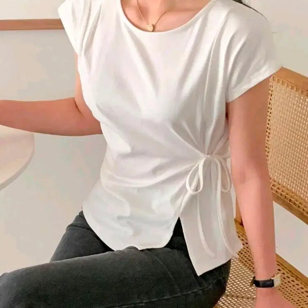[BUNJANG] White Shirring String Short Sleeve T-shirt + U-Neck Ribbed Tank Tops (Black, White) / (새상품) 화이트 셔링 스트링 반팔티s + U넥 탱크탑 골지 나시 2개