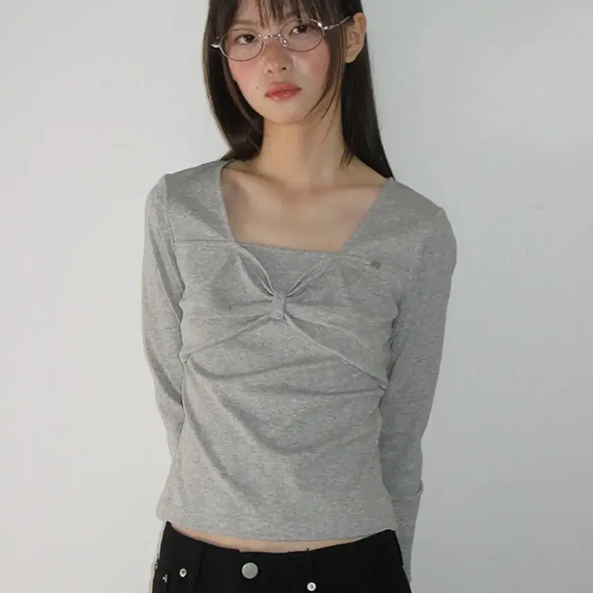 [BUNJANG] Ronron Ribbon Square Neck Long Sleeve Gray / 론론 리본 스퀘어넥 롱슬리브 그레이 무신사 ronron