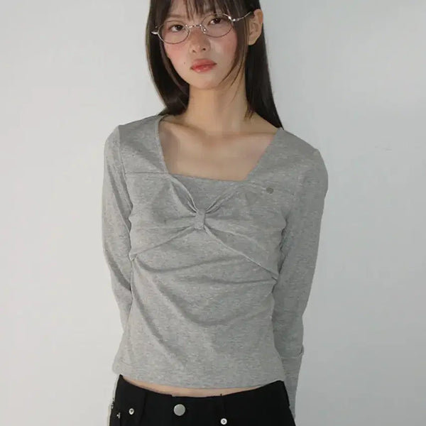[BUNJANG] Ronron Ribbon Square Neck Long Sleeve Gray / 론론 리본 스퀘어넥 롱슬리브 그레이 무신사 ronron