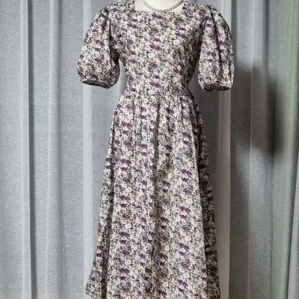 [BUNJANG] Floral Pattern Puff Sleeve Midi Dress / 플로럴 패턴 퍼프 소매 원피스