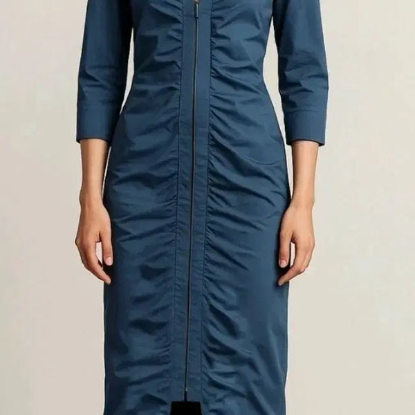 [BUNJANG] COS V-Neck Shirring Zipper Dress Blue Size 66 / COS (코스 정품)브이넥 셔링 지퍼 원피스 블루/ 66사이즈