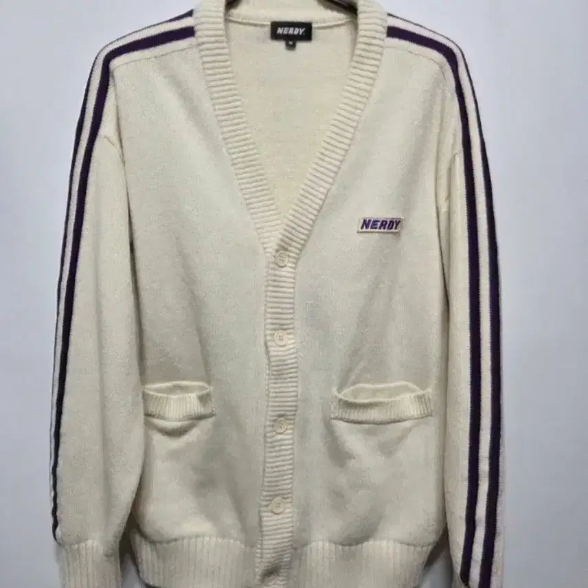 [BUNJANG] NERDY Cardigan Ivory Purple Line M / 널디 가디건 아이보리 퍼플 라인 M