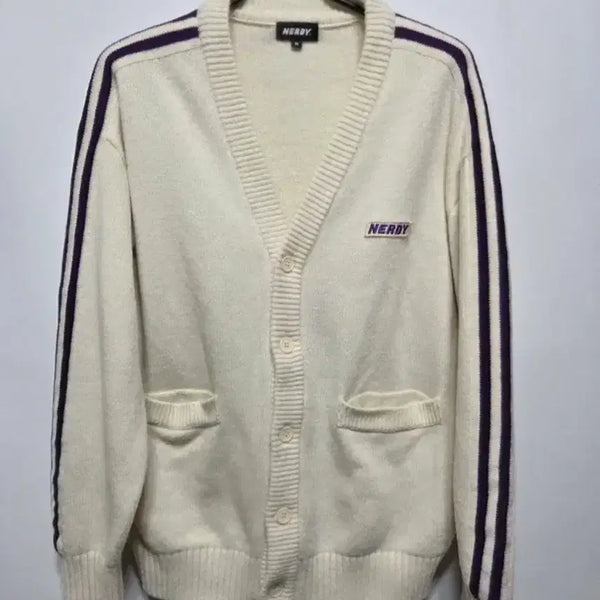 [BUNJANG] NERDY Cardigan Ivory Purple Line M / 널디 가디건 아이보리 퍼플 라인 M