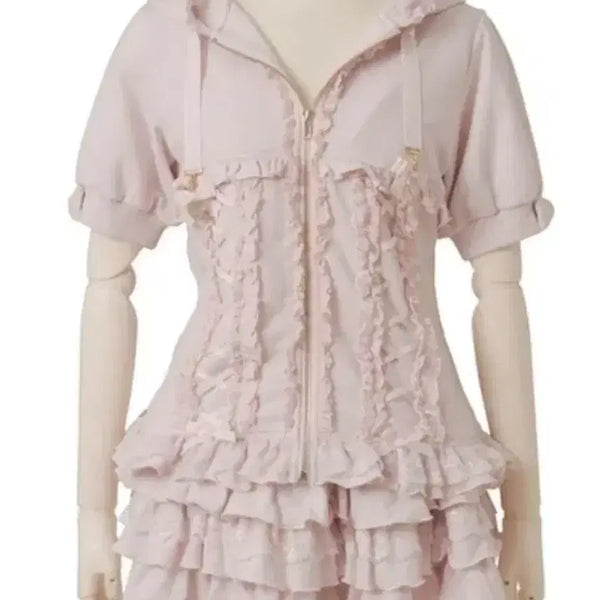 [BUNJANG] Lizlisa Spindle Parker Setup Pink Half-Sleeve Hoodie Skirt / 리즈리사 스핀들 파커 셋업 양산형 핑크 반팔 후드집업 스커트