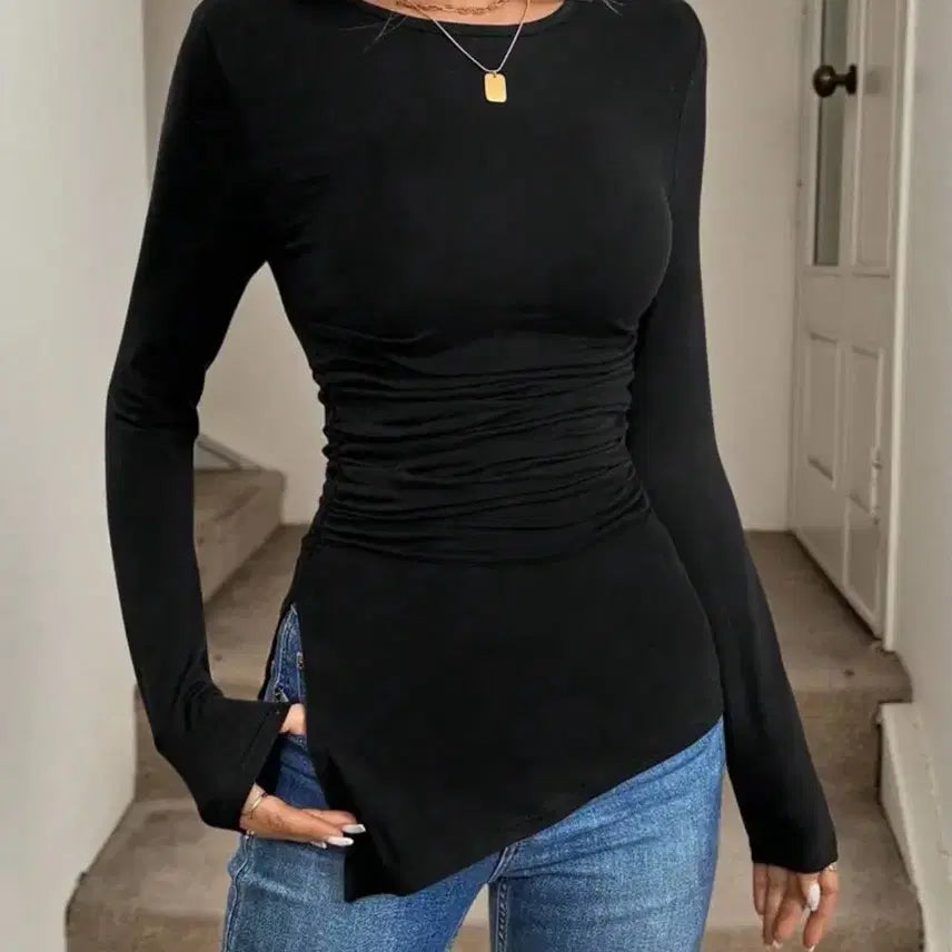 [BUNJANG] Black Velvet Asymmetrical Shirring T-Shirt / 블랙 벨벳 언발란스 셔링 티셔츠