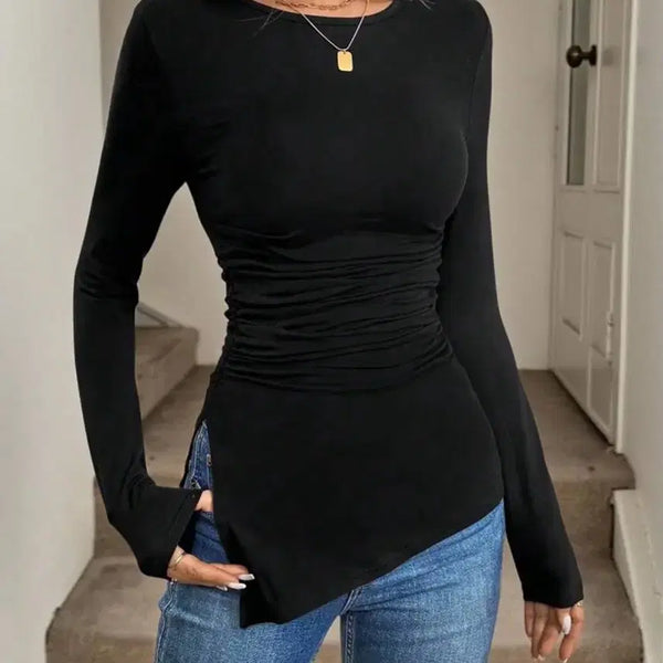 [BUNJANG] Black Velvet Asymmetrical Shirring T-Shirt / 블랙 벨벳 언발란스 셔링 티셔츠