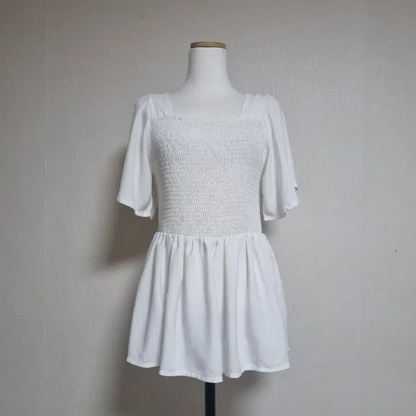 [BUNJANG] White Smocking Puff Sleeve Blouse / BL343 화이트 스모킹 퍼프 소매 블라우스