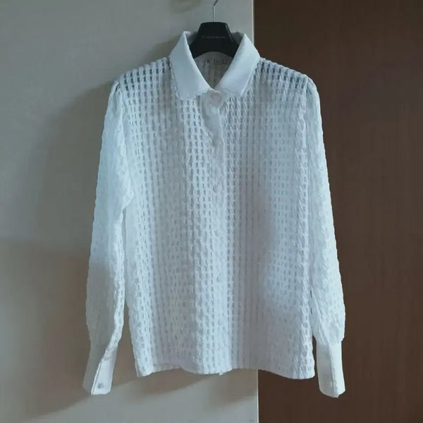 [BUNJANG] K DABA White Check Blouse (Size 77-88) / K DABA 화이트 체크 블라우스 77~88초