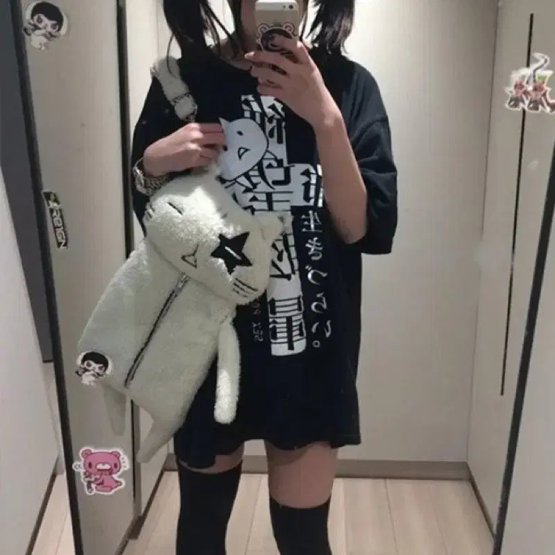 [BUNJANG] Subculture Jirai Kei Cross Japanese Print Oversized Short Sleeve T-Shirt / 서브컬처 지뢰계 십자가 일본어 프린트 오버사이즈 반팔티셔츠