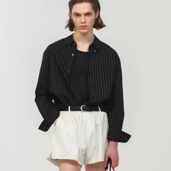 [BUNJANG] Moonseon Stripe Shirt + Shorts Set / 문선 스트라이프 셔츠 + 숏츠 셋업
