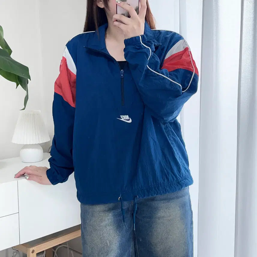 [BUNJANG] Nike Futura Striped Anorak Jacket - Navy Blue (M) / 나이키 남색 띠줄 푸츄라 바스락 아노락 [ M ]