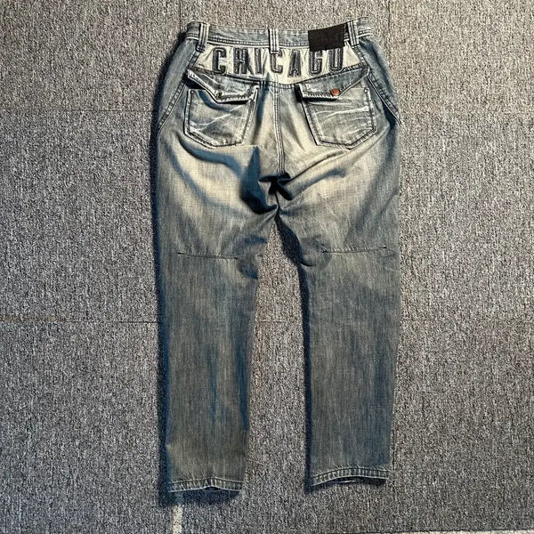 [BUNJANG] Vintage Washed Chicago Logo Denim Pants / 빈티지 워싱 시카고 로고 데님 팬츠