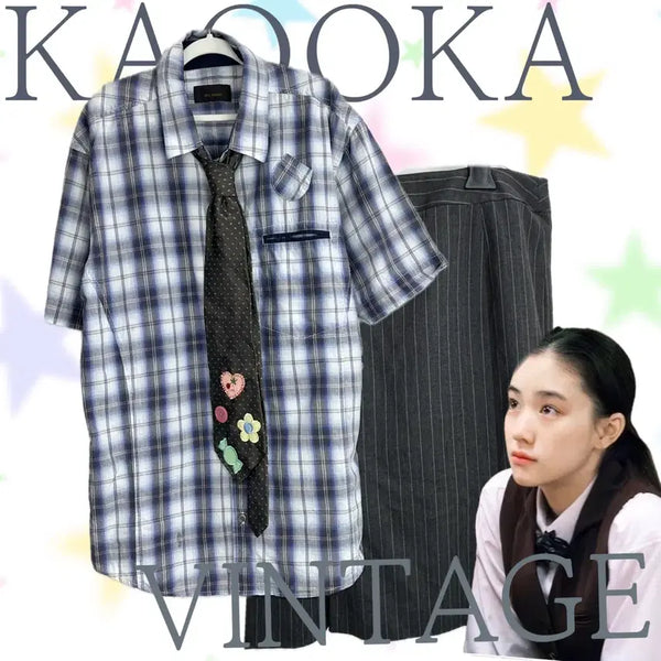 [BUNJANG] Japanese Vintage Reform Gingham Shirt & Tie & Skirt Set / 일본빈티지 레어 유니크 리폼 넥타이 반팔 깅엄셔츠 교복 스쿨 코디세트