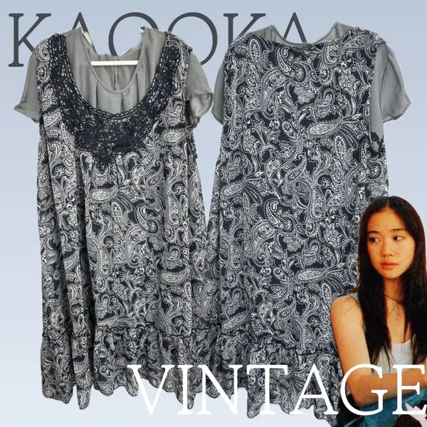 [BUNJANG] Japanese Vintage Mori Girl Ethnic Style Layered Blouse and Dress Set / 일본빈티지 여름 레이어드 모리걸 에스닉 원피스 블라우스 패턴 코디세트