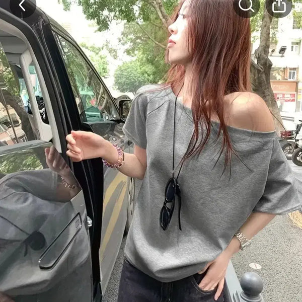 [BUNJANG] Off-Shoulder Short-Sleeve T-Shirt - Gray (New) / 오프숄더 반팔 티셔츠 그레이(새상품)
