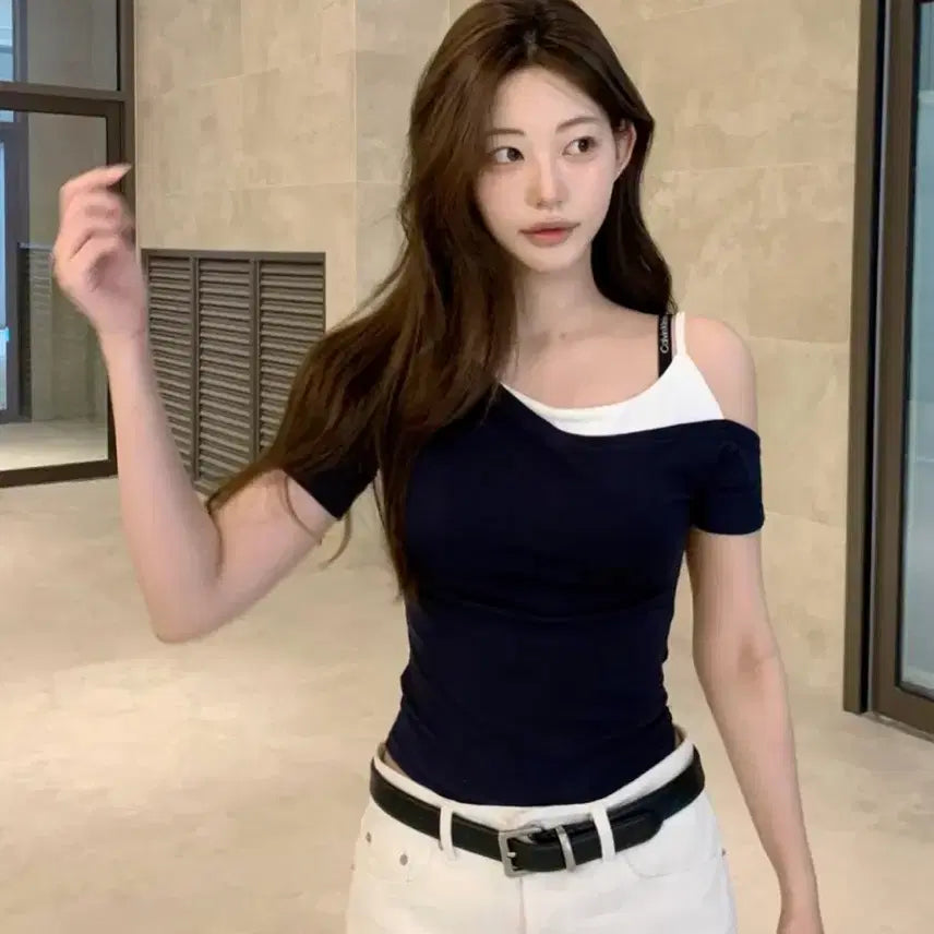 [BUNJANG] Jenieo Layered Curve Tee Navy / 새상품) 제니오 레이어드 커브 티 네이비