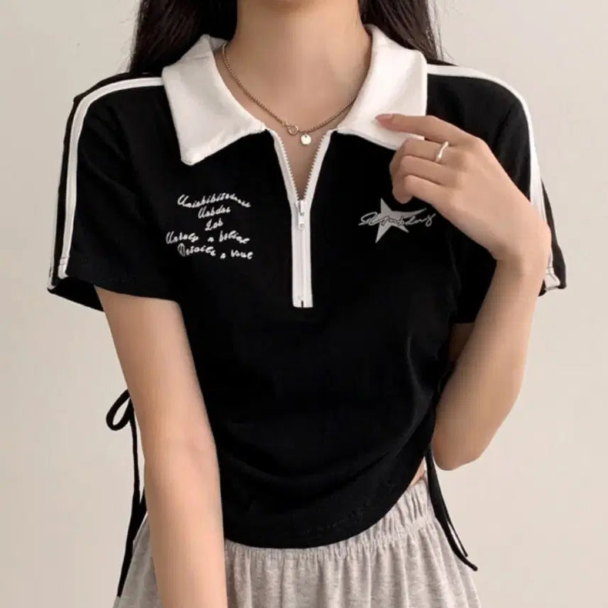 [BUNJANG] Black Sporty Shirring Crop T-Shirt / 블랙 스포티 셔링 크롭티