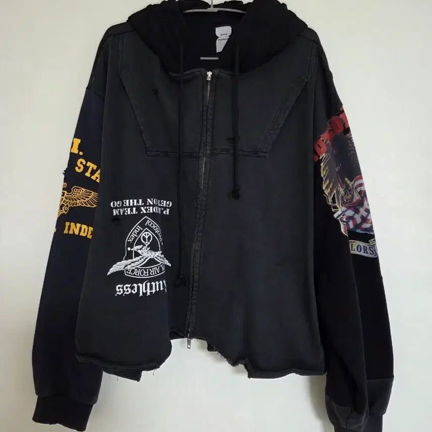 [BUNJANG] Protocol Index Patchwork Zip-Up Hoodie Black / 프로토콜 인덱스 업사이드 다운 집 후드 블랙