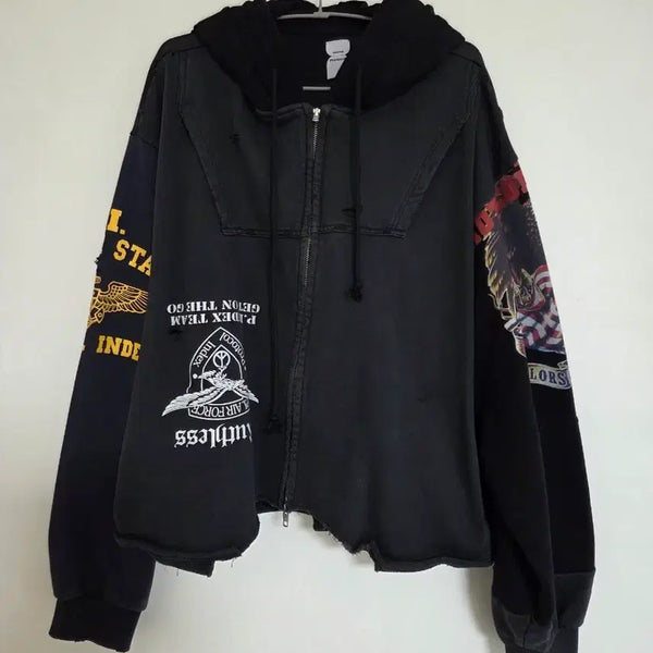 [BUNJANG] Protocol Index Patchwork Zip-Up Hoodie Black / 프로토콜 인덱스 업사이드 다운 집 후드 블랙